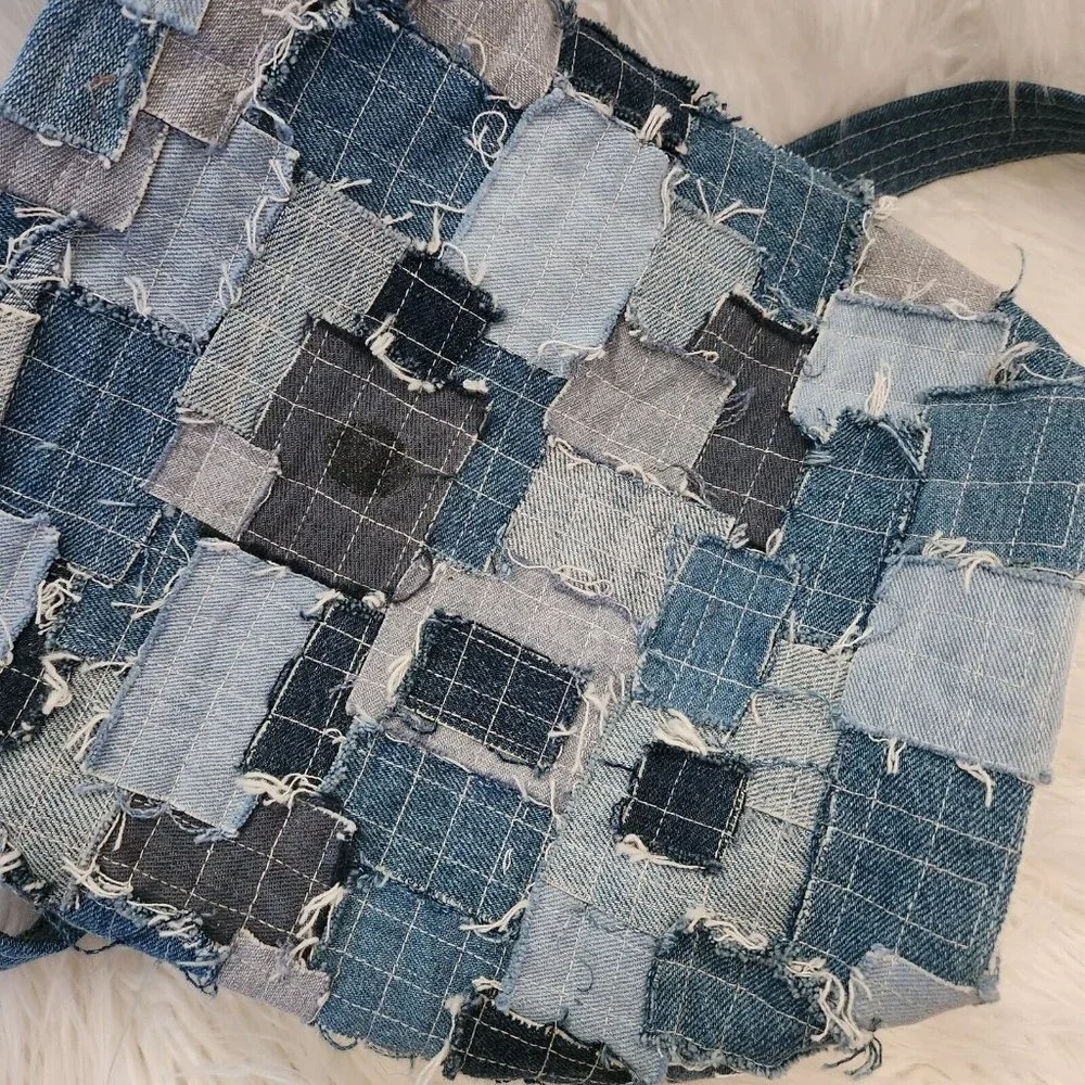 Denim Canvas Patchwork Crossbody Shoulder Bag Y2K Upcycle Bucket Boho Hippie‎ - Picture 6 of 14